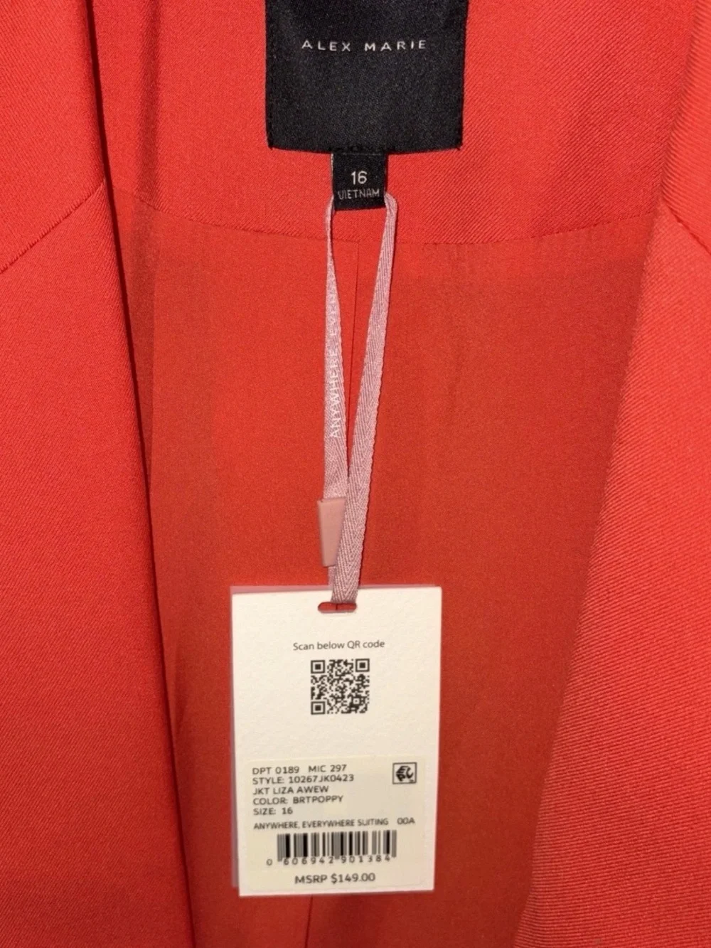 NWT Alex Marie Blazer Size 16 color BRTPPOPPY Long Sleeves